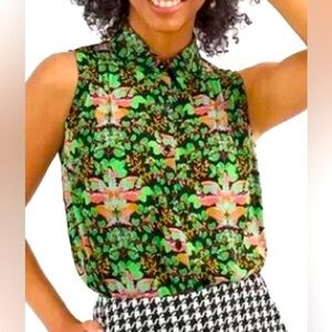 Cabi Folklore Print Sleeveless Button Down Blouse Small Floral Green Office Work